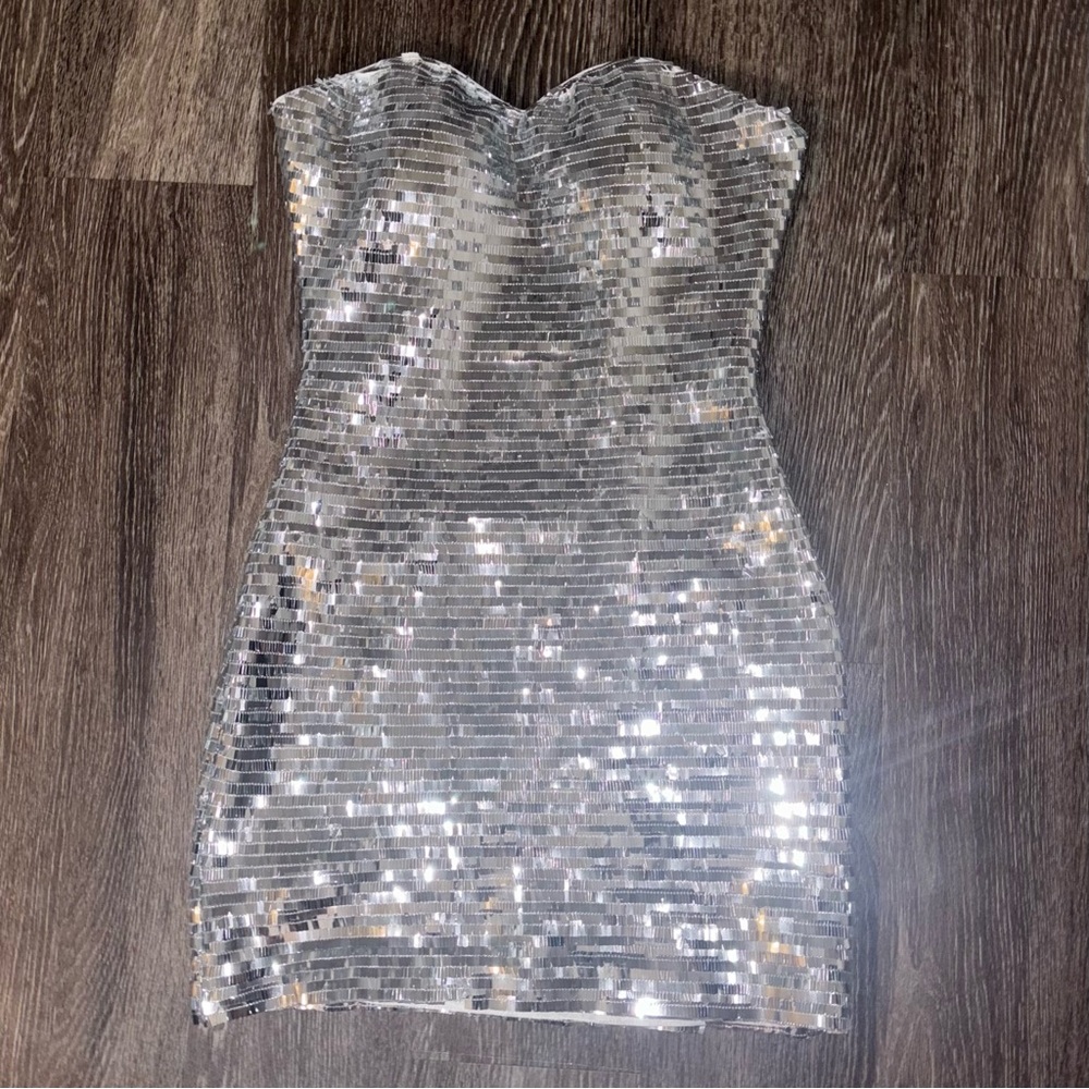 Silver Sequin Strapless Dress
